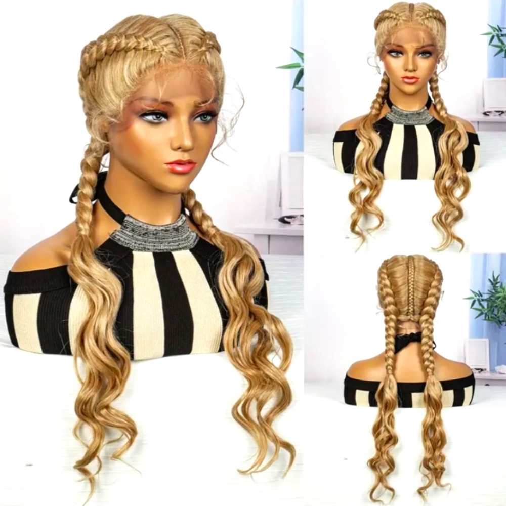 Hand Braided Synthetic Deep Wave Lace Wig plus free zippered wig bag with hanger